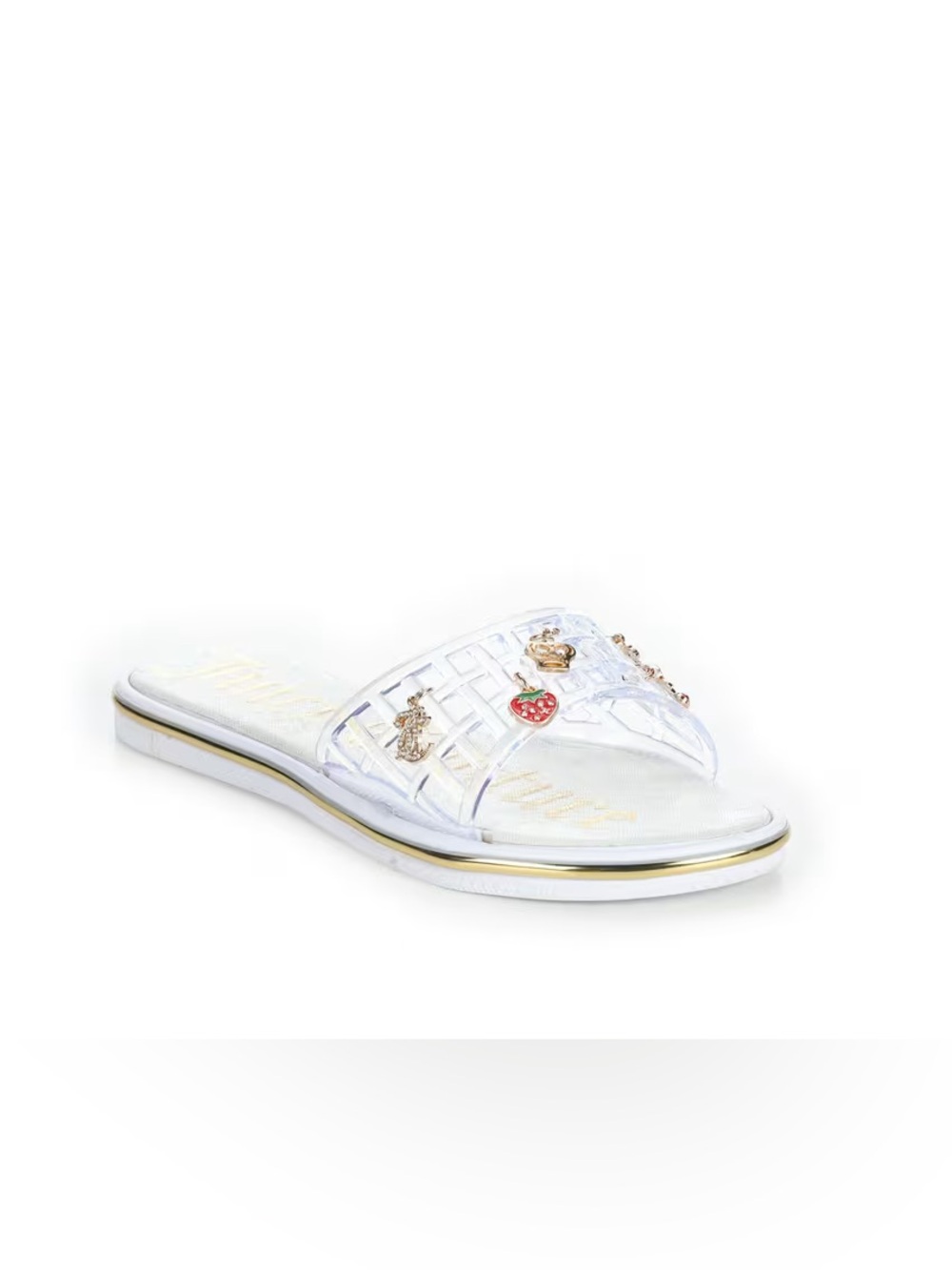 Juicy Couture Clear Slide Sandal with Gold Accents and Charms